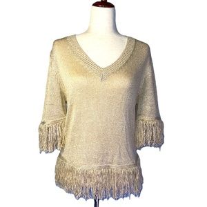 NWOT Bishop + Young V Neck Fringed Shiny Knitted  Golden Tan Top Knit M